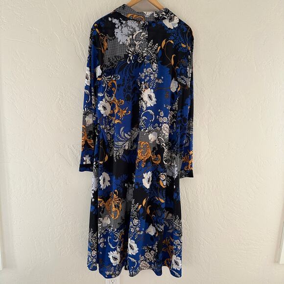 ATTITUDES by Renee Botanical Maxi Duster 2XP Lagenlook Pockets Navy Boho Career - Picture 6 of 16